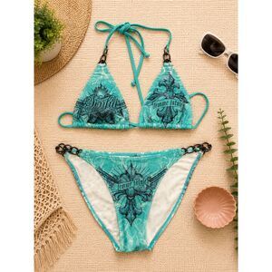 Sinful by Affliction Femme Fatale Bikini Set M Blue Rhinestone Goth Swimwear